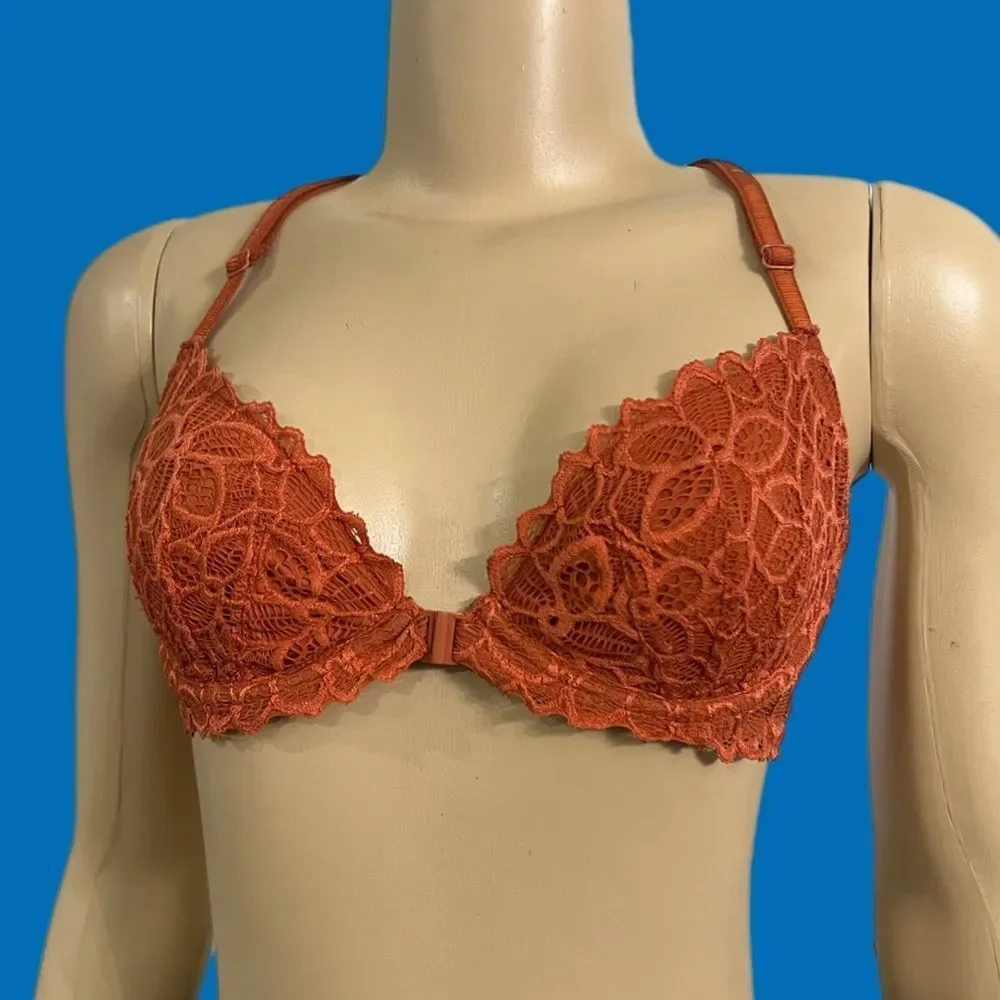 Victoria’s Secret Pink Date Racerback sexy unlined floral lace bra clay 34B